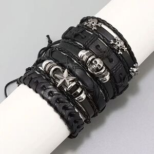 BLACK LEATHER SKULL STAR BRACELET SET